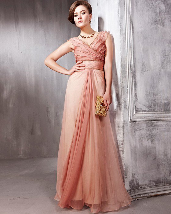 Beaded Ruffle Silk Charmeuse V Neck Floor Length Evening Dresses