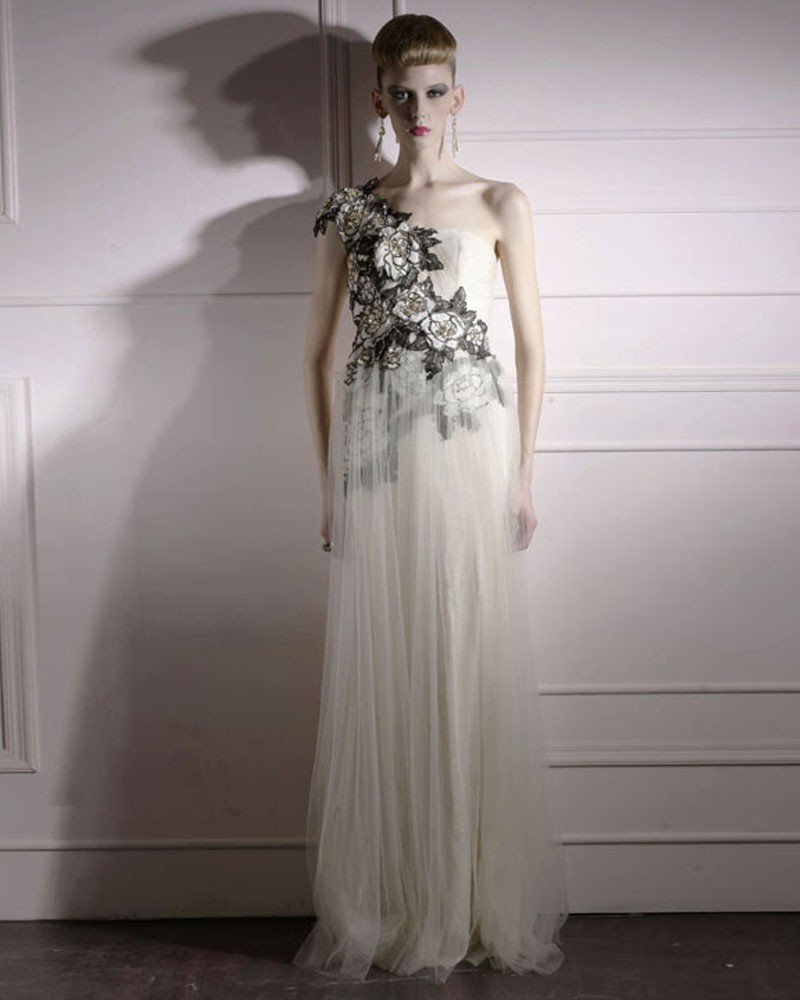 Rhinestone Gold Tulle Yarn Charmeuse One Shoulder Embroidery Bead Floor Length Evening Dress
