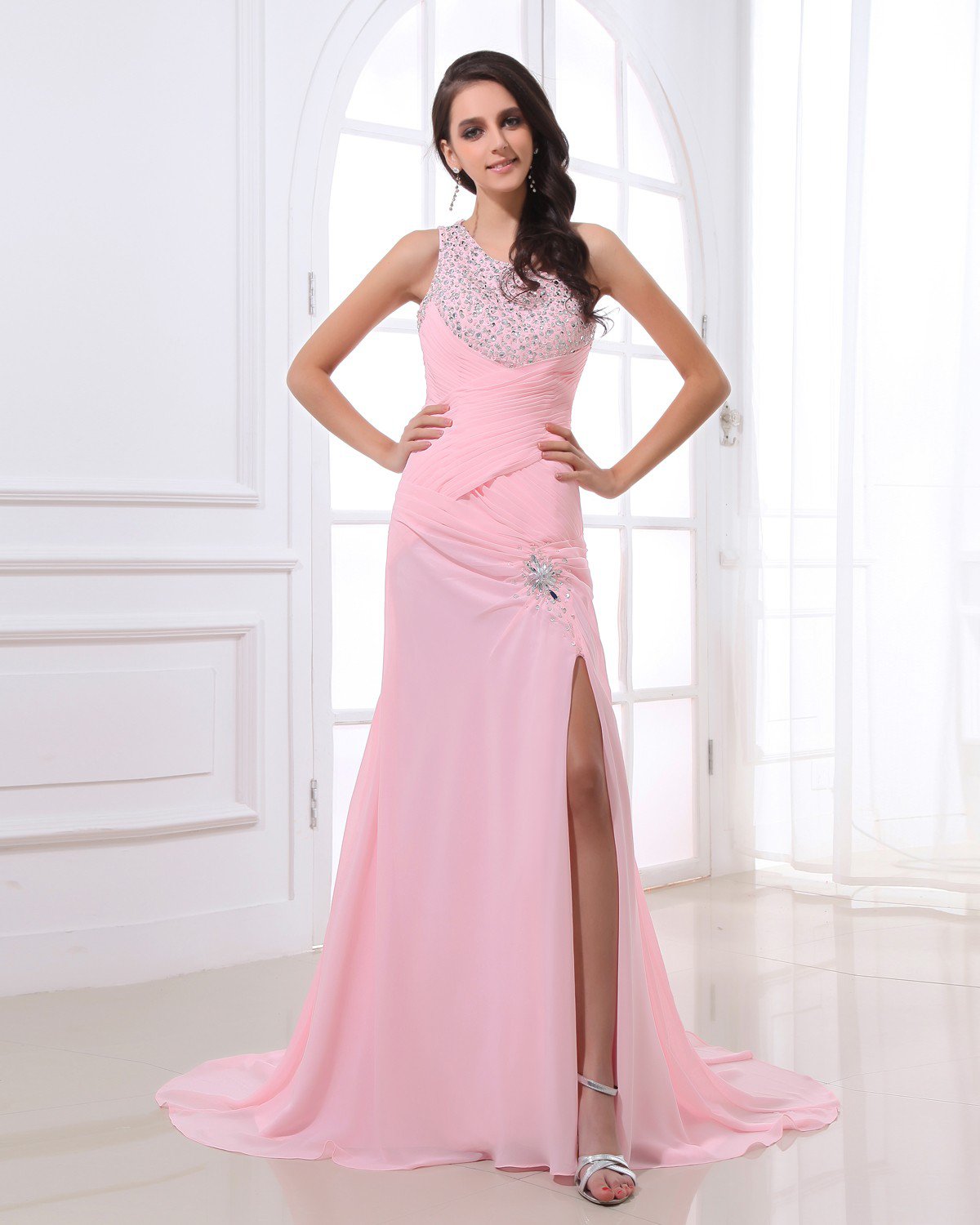 Popular Ruffle Chiffon One Shoulder Beading Floor Length Evening Dresses