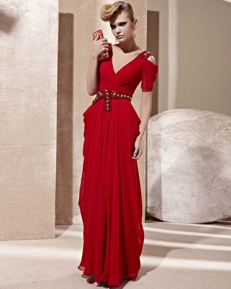 V Neck Off Shoulder Rhinestone Belt Short Sleeve Backless Floor Length Charmeuse Woman Evening Dress