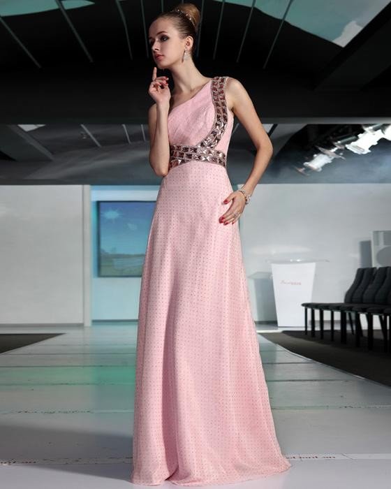 Sexy Beaded Ruffle Chiffon One Shoulder Floor Length Evening Dresses