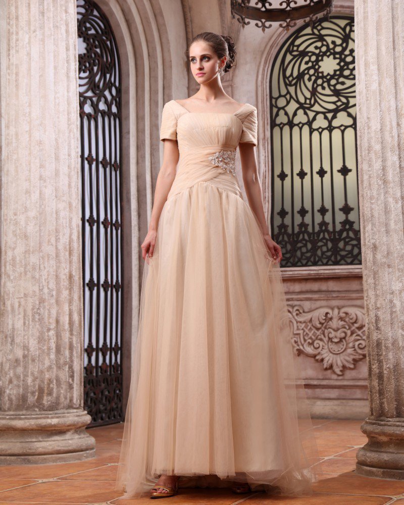 New Short Sleeve Chiffon Applique Bateau Floor Length Evening Dresses