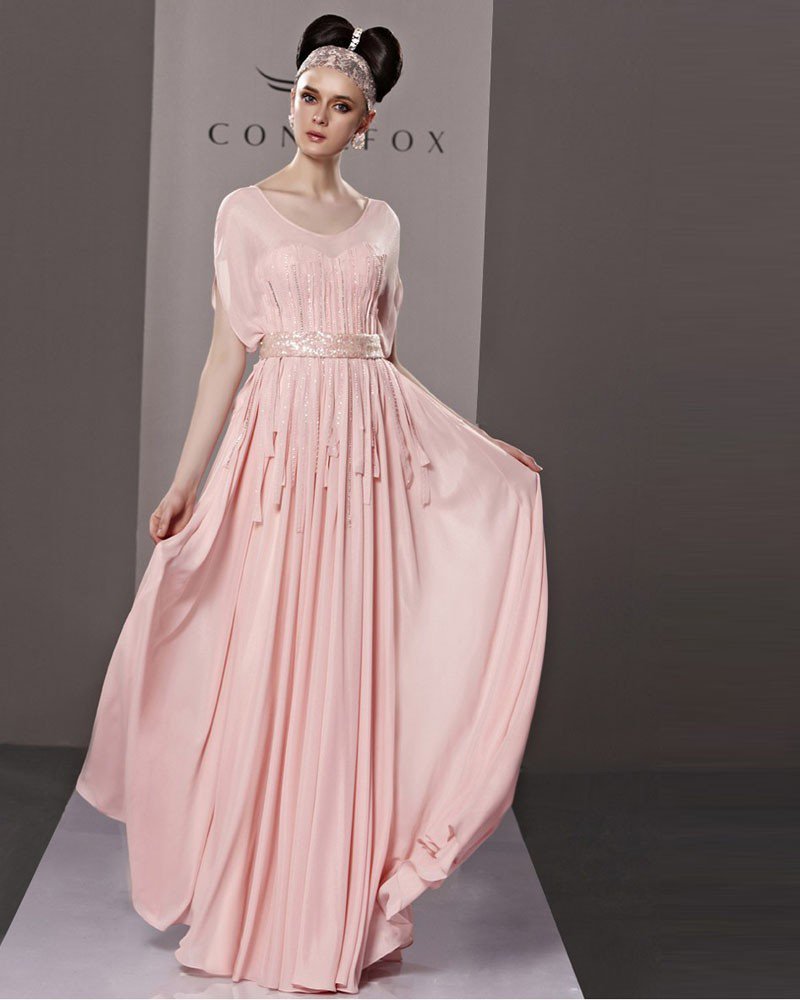 Elegant Scoop Floor Length Beading Chiffon Tulle Evening Dress