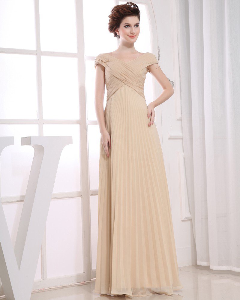 Fashion Chiffon Silk like Satin Pleated Off-Shoulder Floor Length Evening Dress