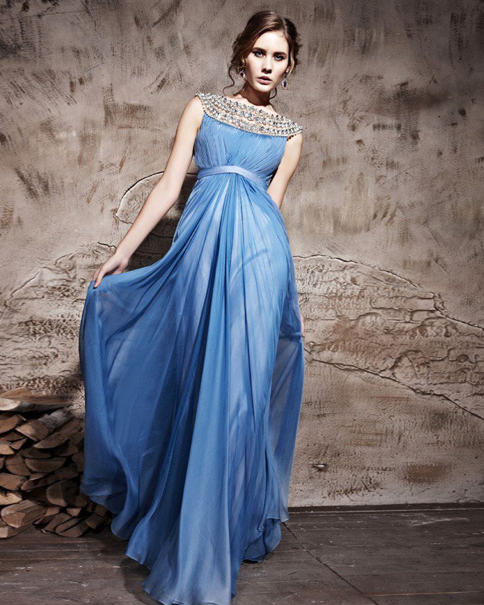 Sleeveless Empire Waist Tencel Satin Tulle Floor Length Evening Dresses