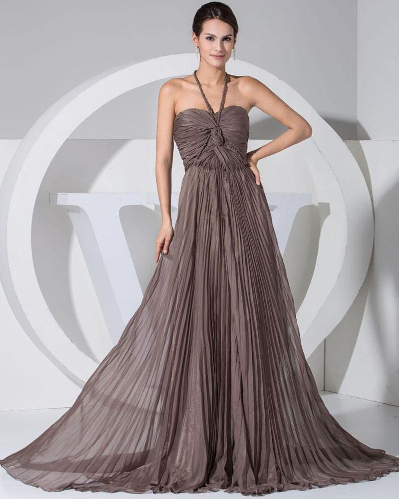 Chiffon Elastic Silk Like Satin Silk Halter Sleeveless Backless Court Train Pleated Celebrity Evenin