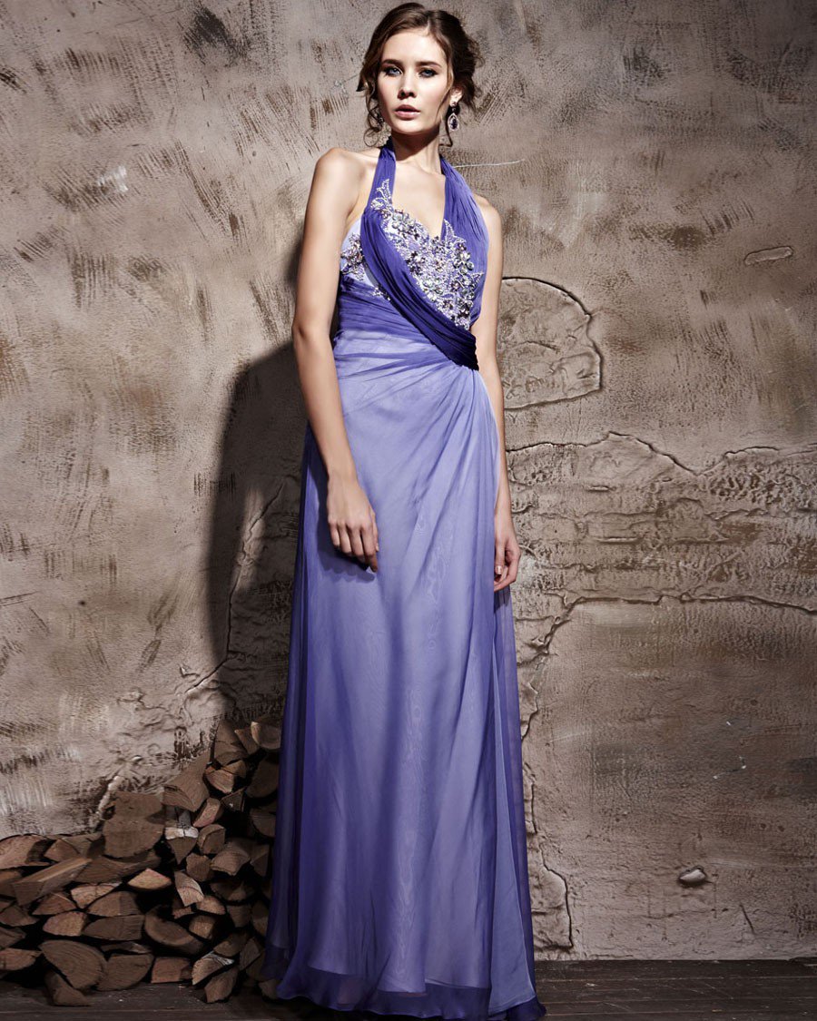 Floor Length Hanging Neck Tencel Satin Sleeveless Zipper Evening Dresses