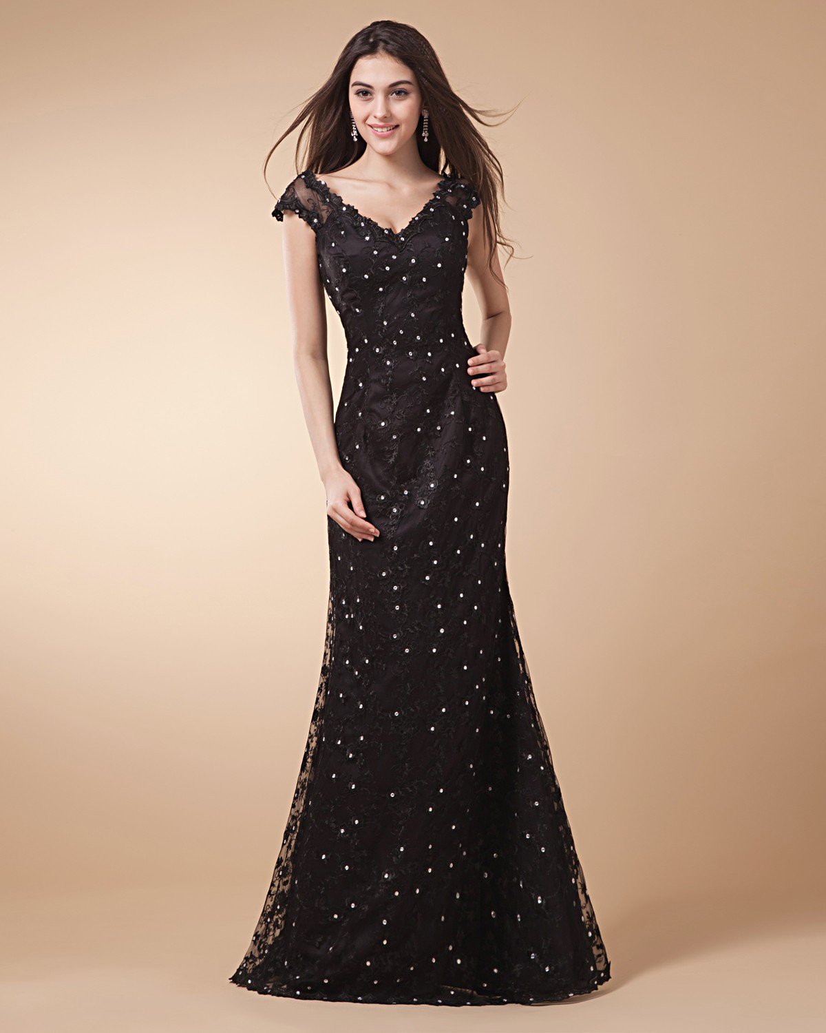 V Neck Beading Sleeveless Zipper Floor Length Satin Woman Evening Dresses