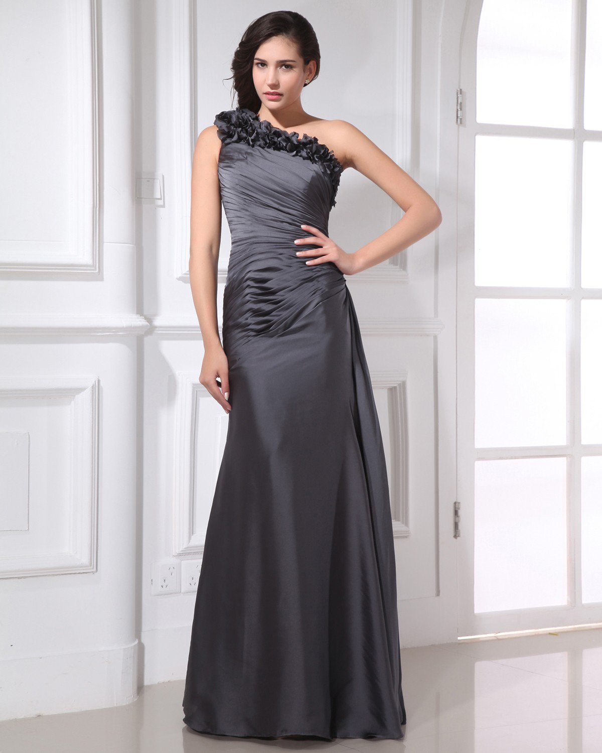 Elegant Sloping Floor Length Flowers Pleated Taffeta Women Formal Evening Dress