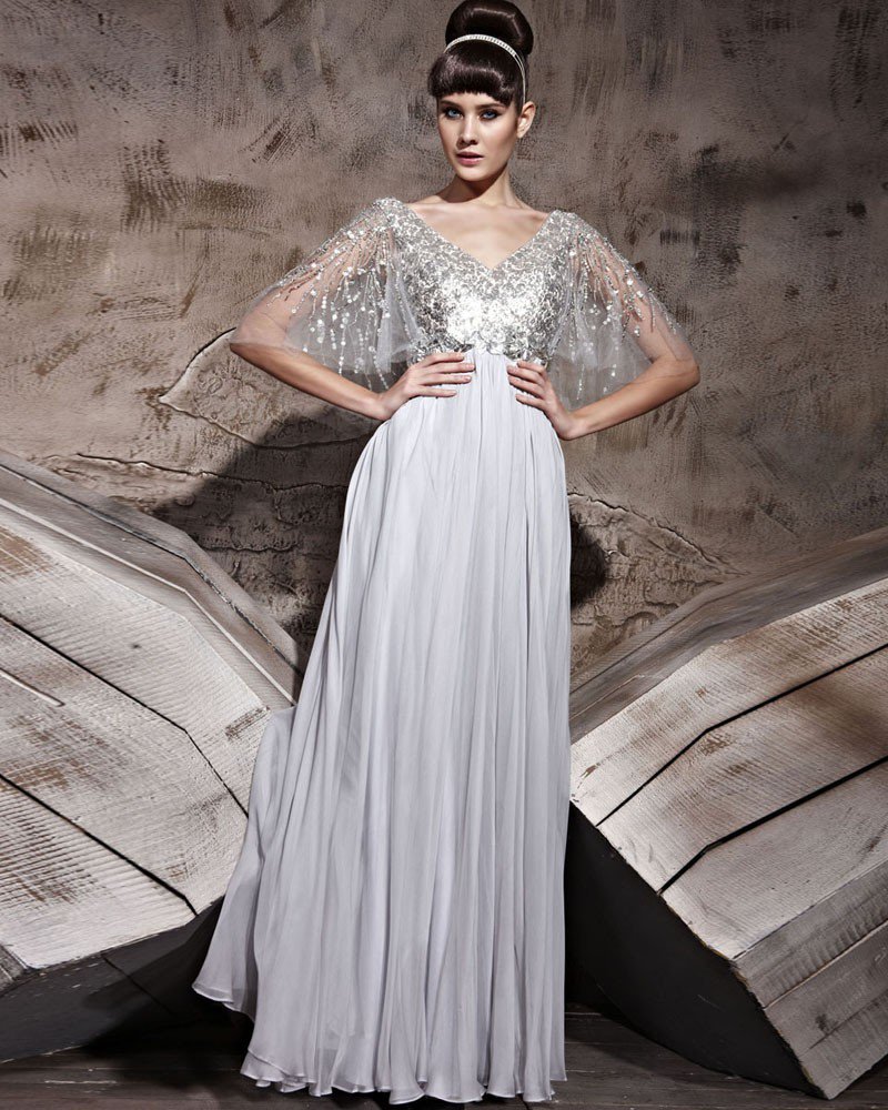 Floor Length Silk Zipper Shawl V-Neck Evening Dresses