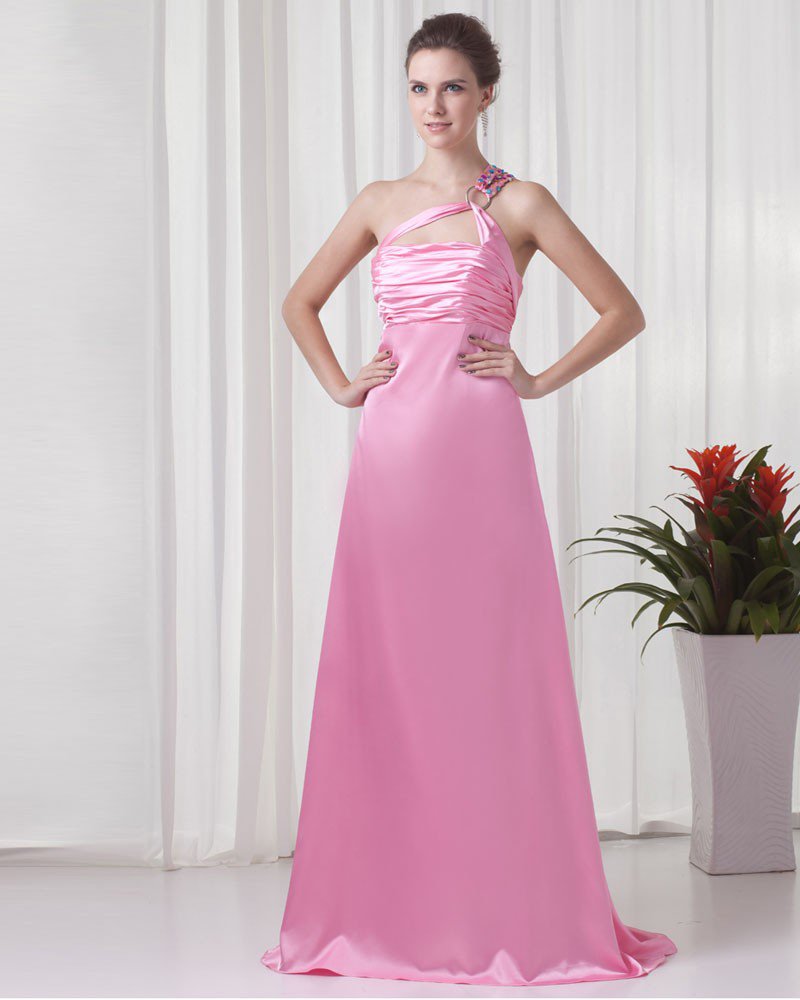 Charmeuse One Shoulder Floor Length Pleated Beading Woman Evening Dress