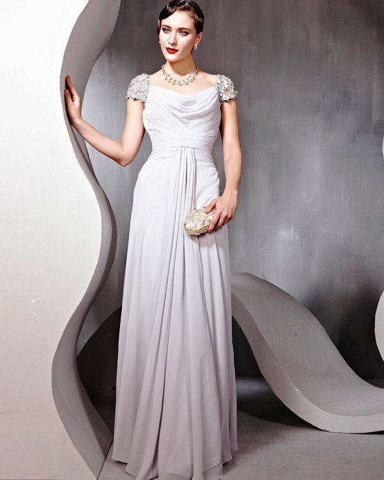 Chiffon Tulle Charmeuse Beading Applique Square Neck Floor Length Evening Dresses