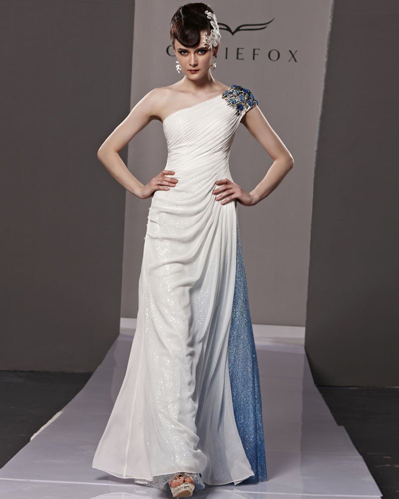 One Shoulder Rhinestone Ruffle One Side Zipper Sleeveless Backless Floor Length Charmeuse Woman Even