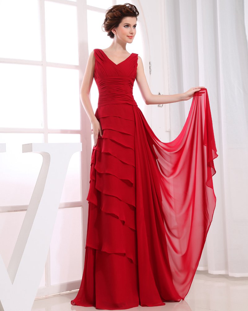 V Neck Sleeveless Zipper Pleated Floor Length Chiffon Charmeuse Silk Woman Evening Dress