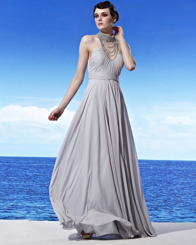 Sleeveless Floor Length Halter Neckline Beading Empire Chiffon Woman Evening Dress