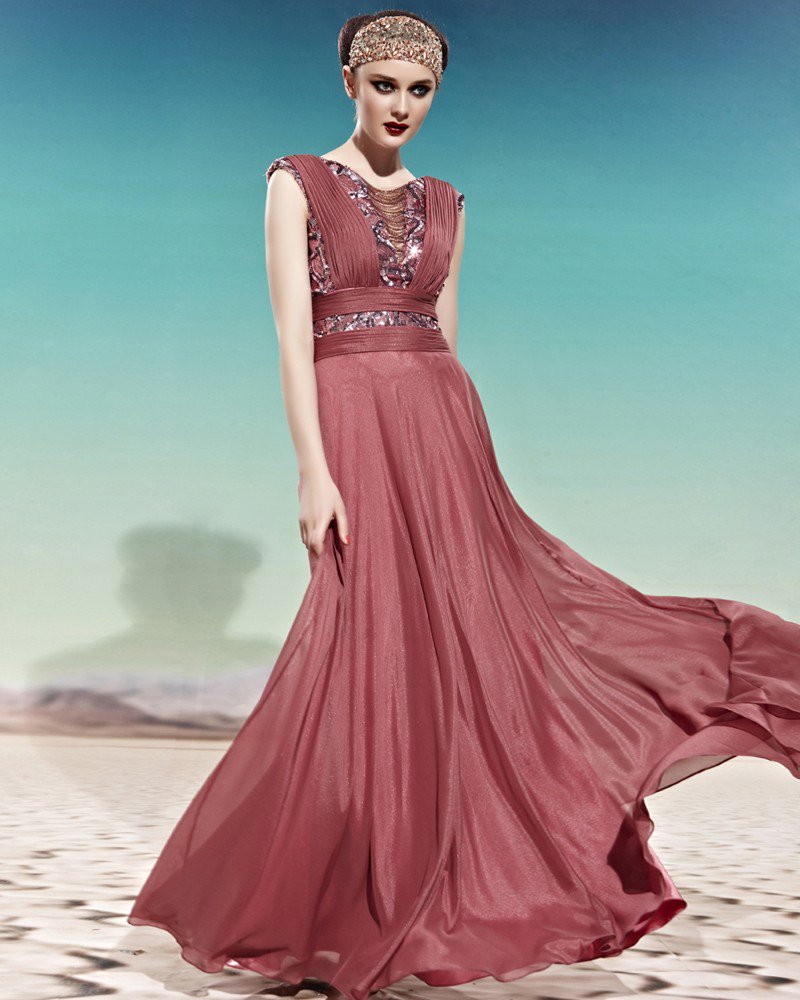 Scoop Neck Sequin Beading Belt Sleeveless Backless Empire Chiffon Woman Evening Dress