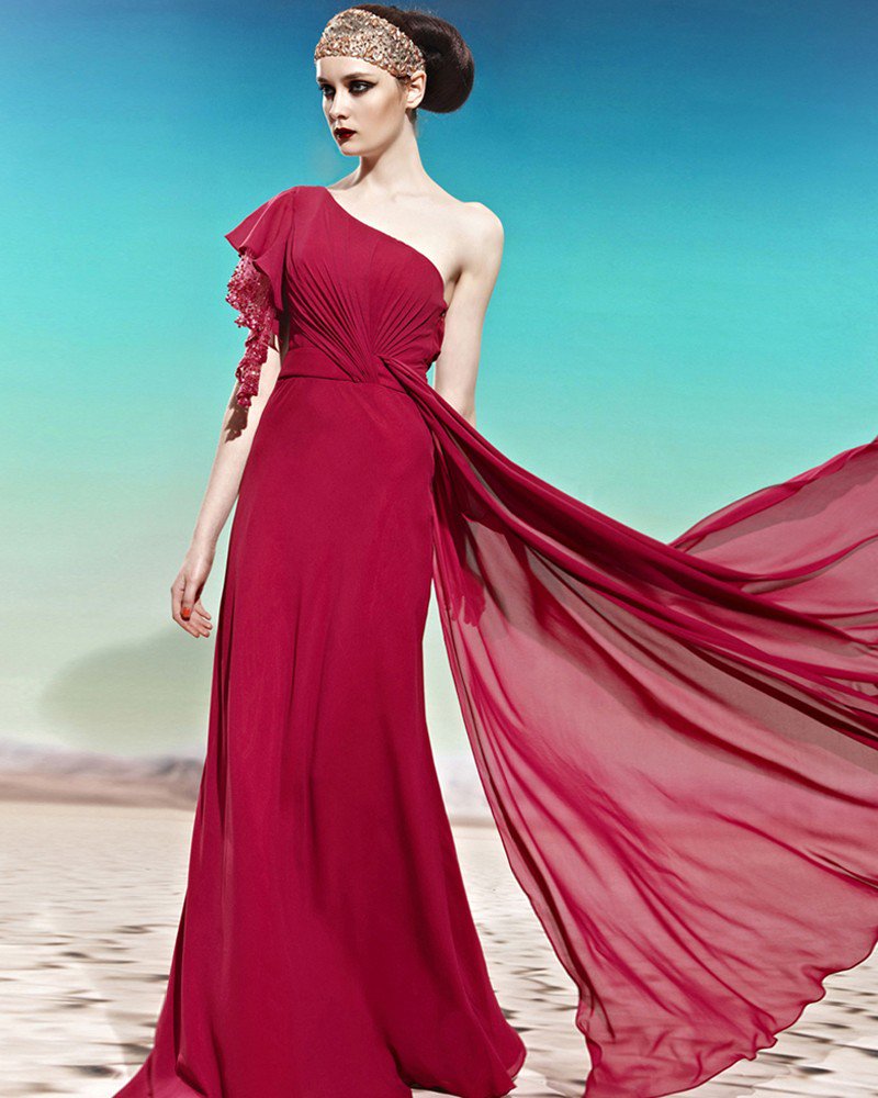 One Shoulder One Side Short Puff Sleeve Beading Ruffle Backless Floor Length Charmeuse Woman Evening