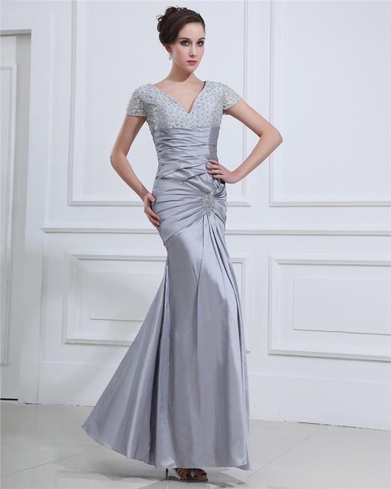 Empire Ruffle Charmeuse V-Neck Floor Length Women's Evening Dress