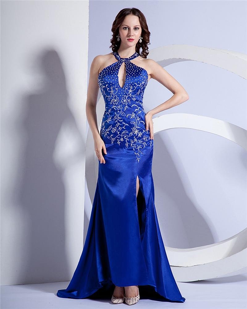 Fashion High-Neck Beading Chapel Train Evening Dress NS-125