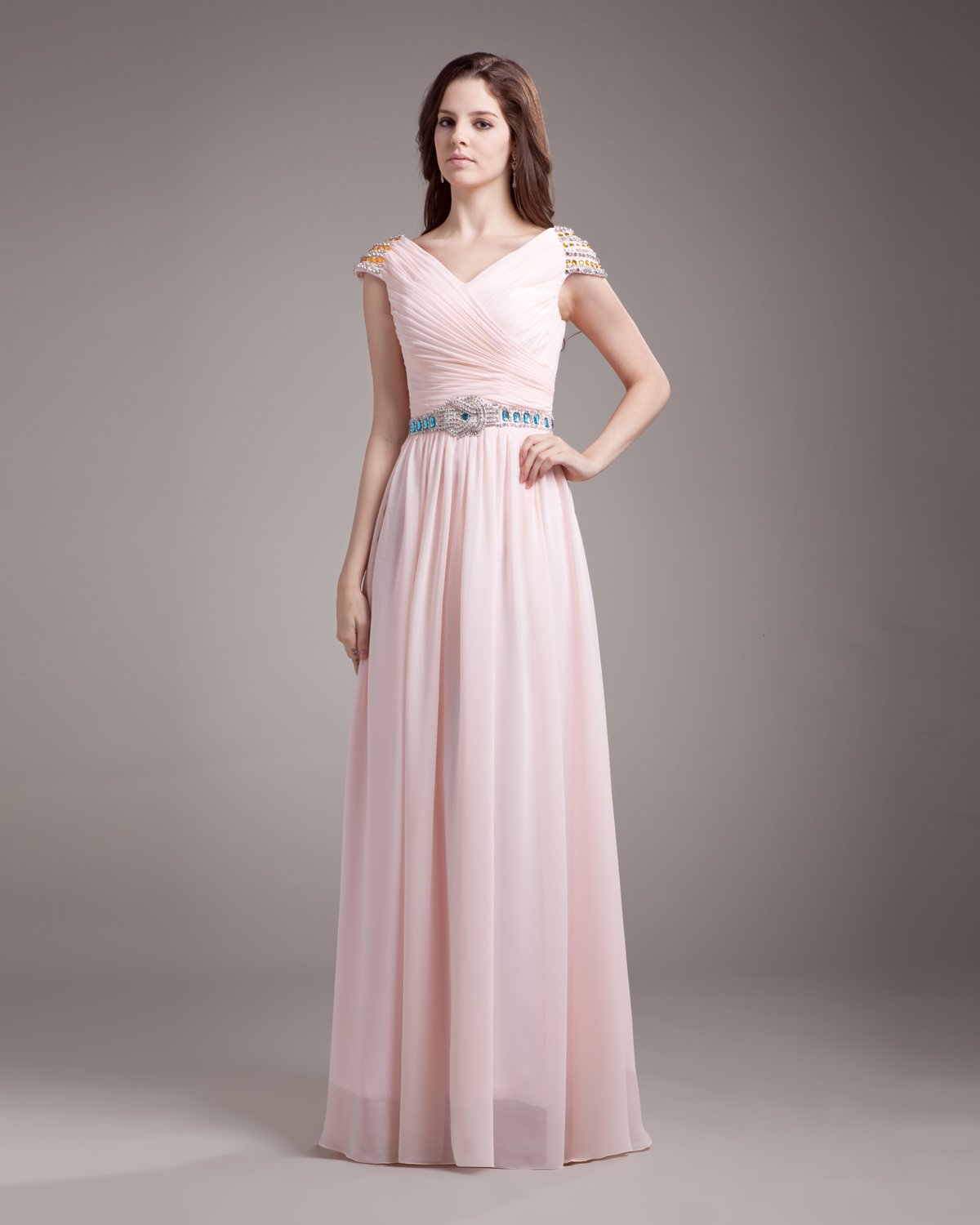 V Neck Pleated Sash Beading Floor Length Chiffon Woman Evening Dress