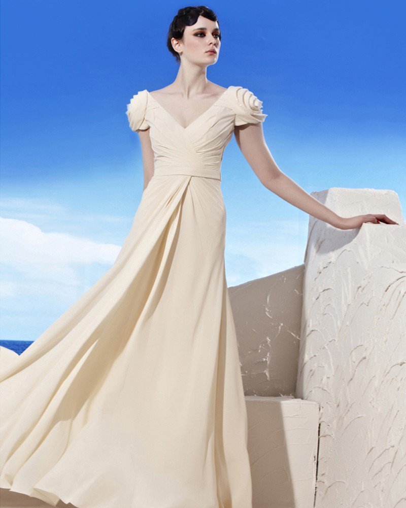 V Neck Floor Length Puff Balloon Sleeve Chiffon Flower Beading Empire Woman Evening Dress