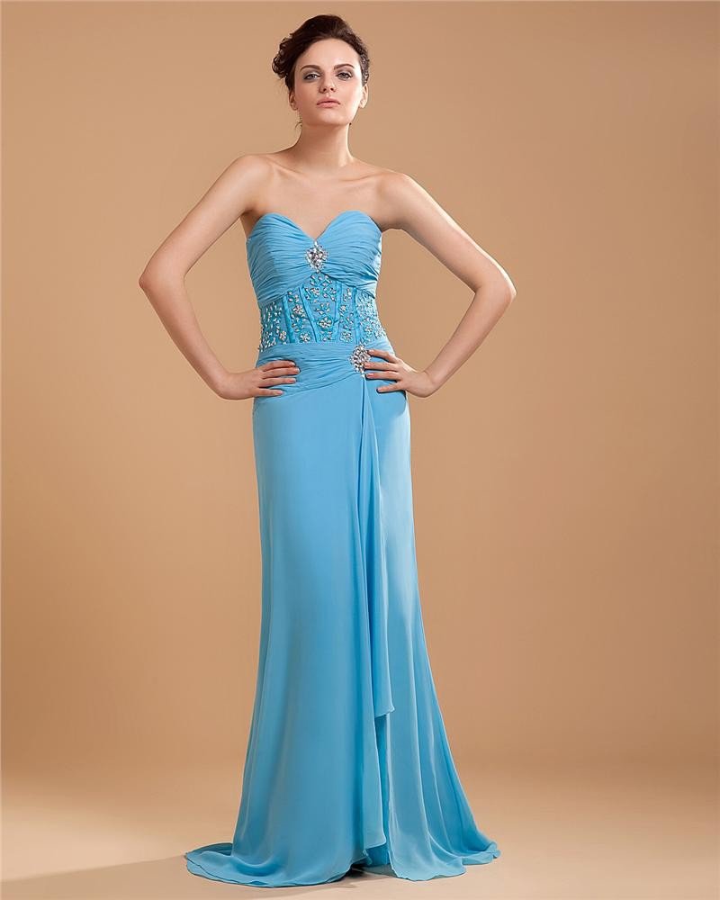 Ruffle Beading Applique Chiffon Sweetheart Floor Length Evening Dresses