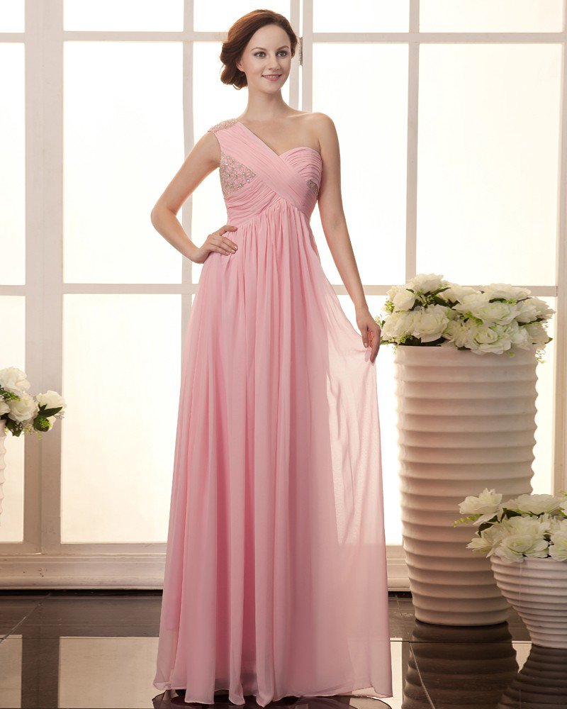 Solid Ruffle Beading One Shoulder Sleeveless Chiffon Women Evening Dress