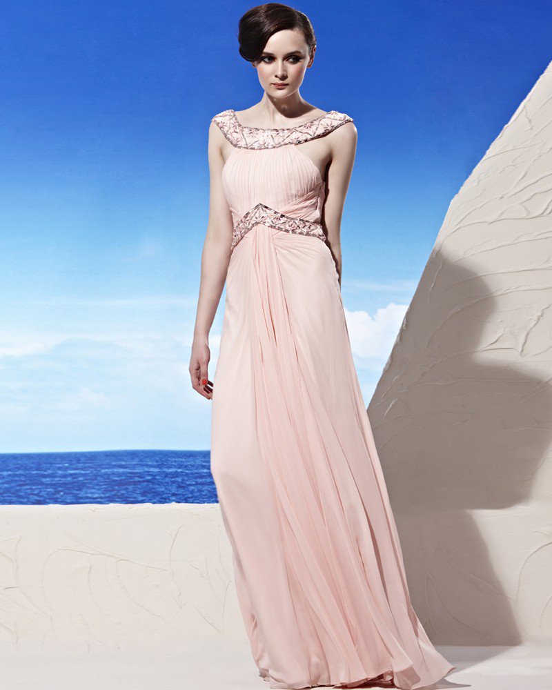 Round Neck Flower Ruffle Sleeveless Floor Length Tencel Woman Evening Dresses