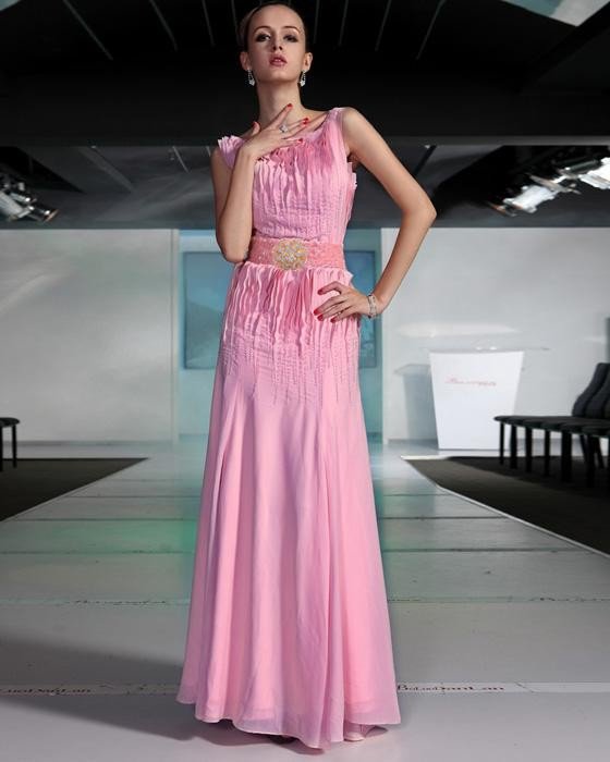 Sexy Beaded Ruffle Chiffon Round Neck Floor Length Evening Dresses