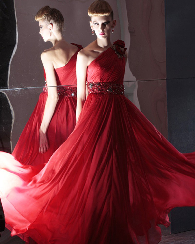 Silk Charmeuse One Shoulder Bead Handmade Flower Floor Length Evening Dress