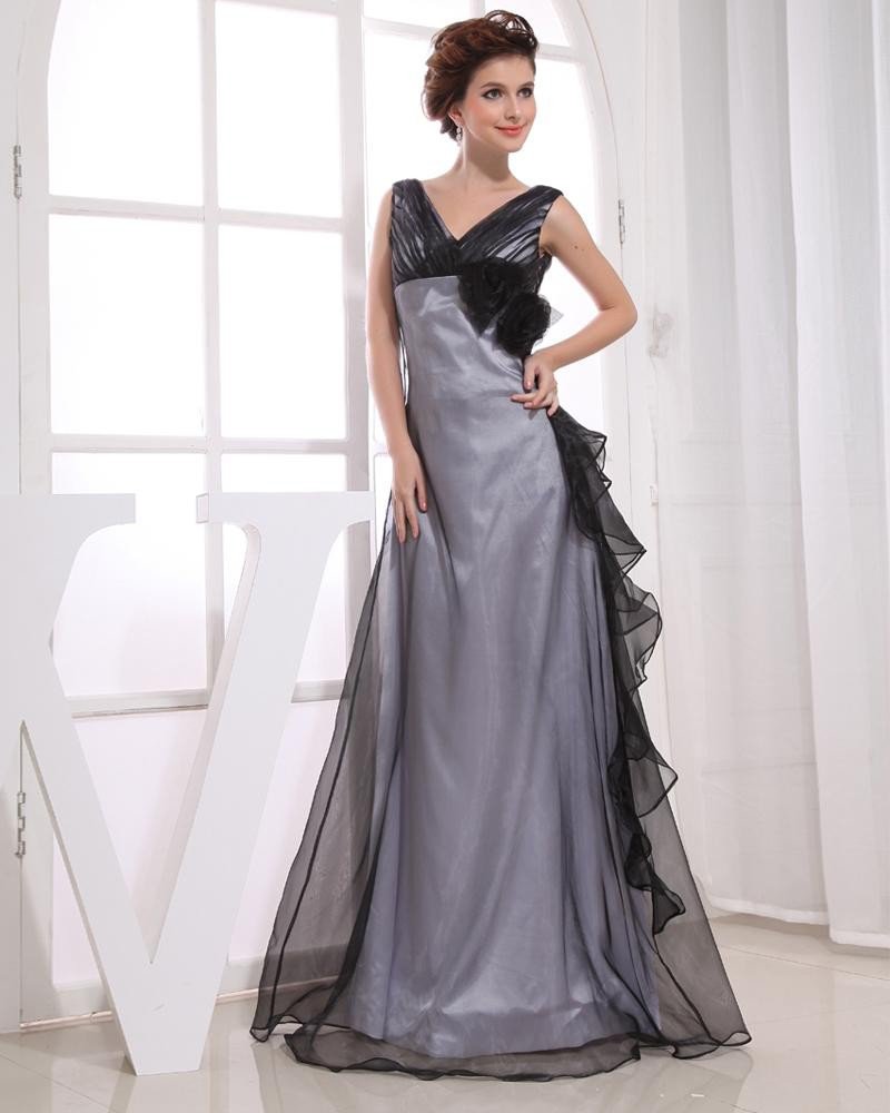 Charmeuse Silk V Neck Sleeveless Zipper Flower Floor Length Woman Evening Dress