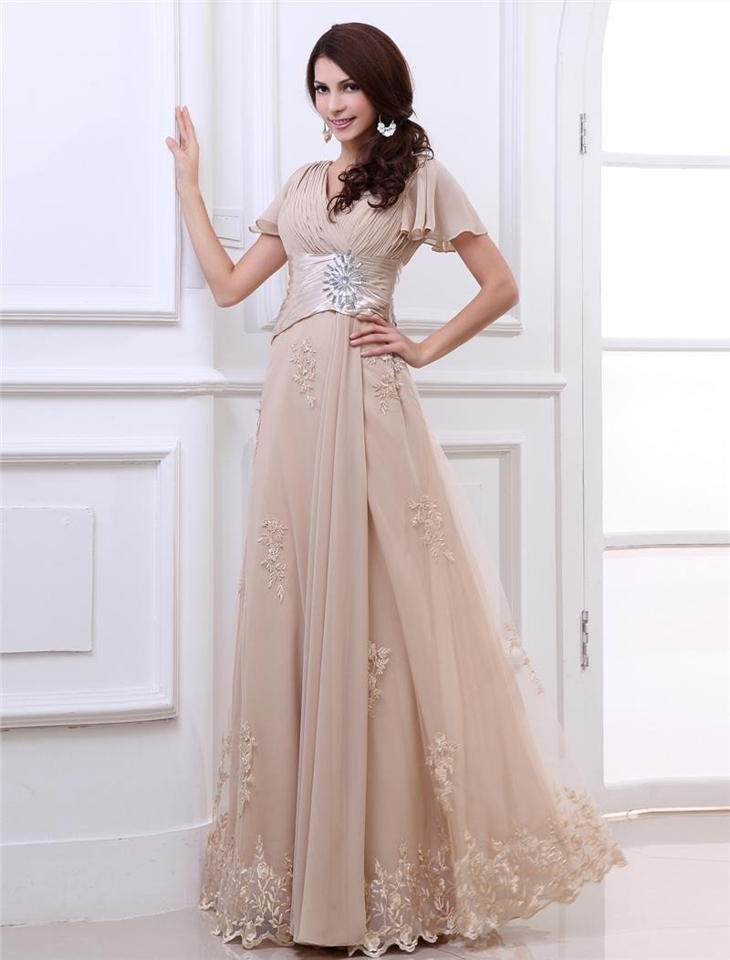 Chiffon Lace Ruffle Applique V Neck Floor Length Evening Dresses