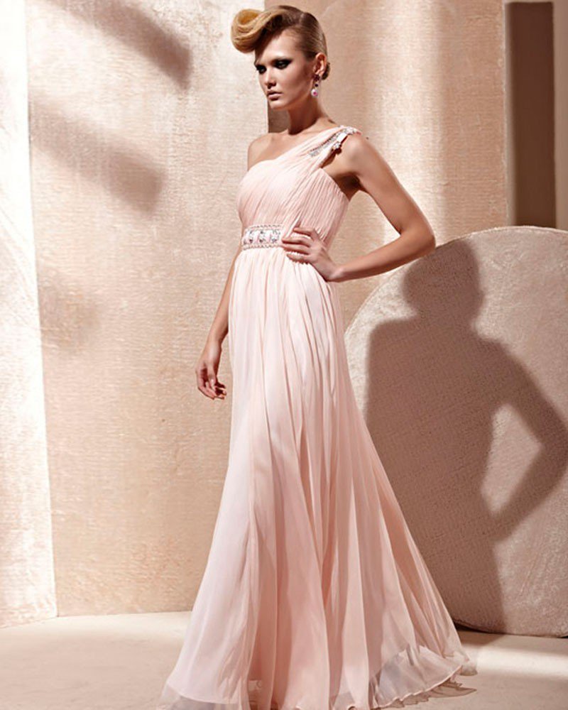 Silk Tulle Charmeuse One Shoulder Neckline Bead Floor Length Evening Dress