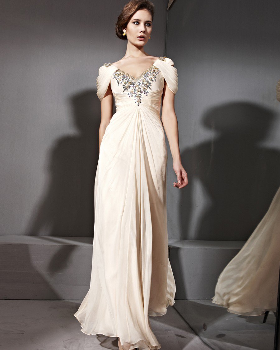 Floor Length Tencel Zipper V-Neck Puff Sleeve Evening Dresses