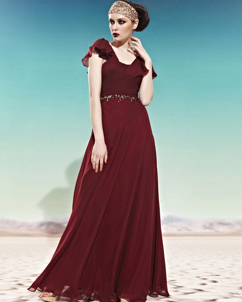 U Shaped Neck Beading Ruffle Short Sleeve Zipper Empire Floor Length Charmeuse Woman Evening Dress