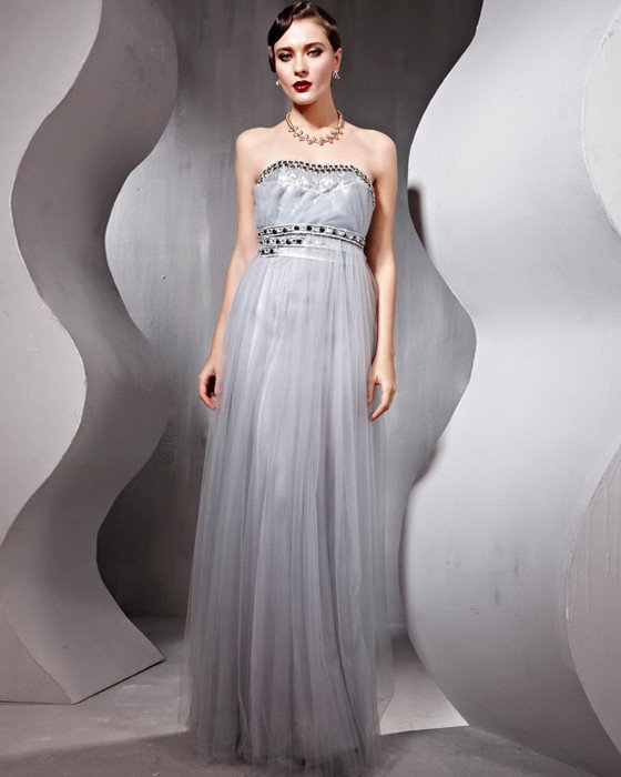 Beaded Ruffle Tulle Charmeuse Strapless Floor Length Evening Dresses