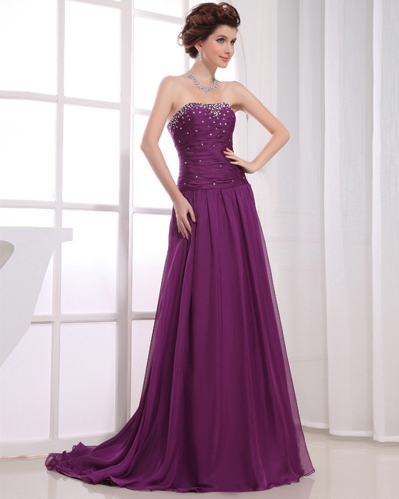 Strapless Sleeveless Zipper Floor Length Beading Ruffle Empire Chiffon Elastic Silk Like Satin Silk