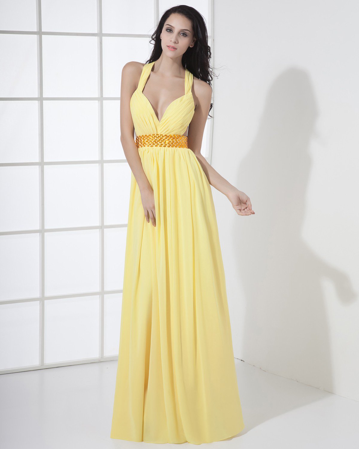 Chiffon Halter Bead Pleated Floor Length Evening Dress
