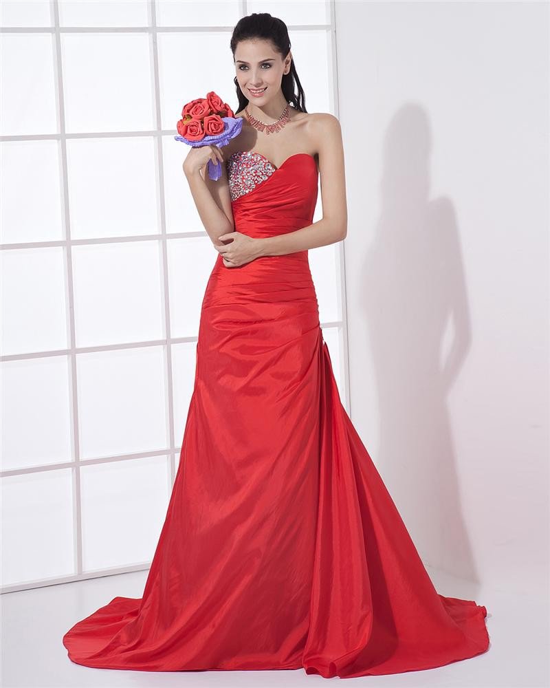 Sweetheart Neckline Floor Length Pleated Taffeta Beading A-Line Woman Evening Dress