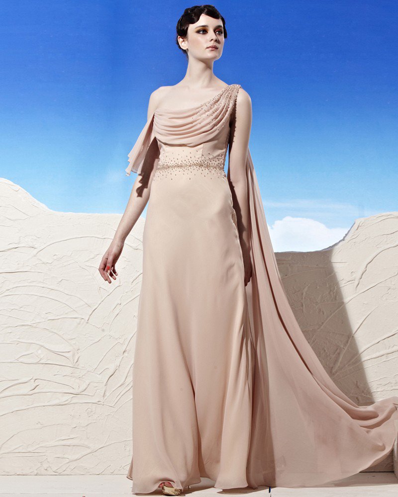 Ruffles Asymmetrical Neckline Floor Length Sleeveless Beading Tencel Empire Woman Evening Dress