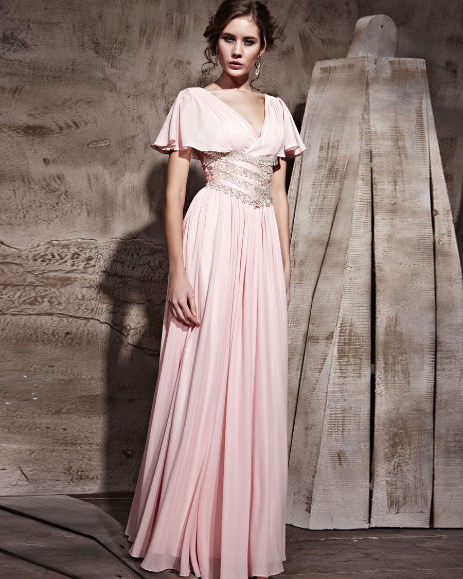 Floor Length Silk Chiffon V-Neck Short Sleeve Evening Dresses