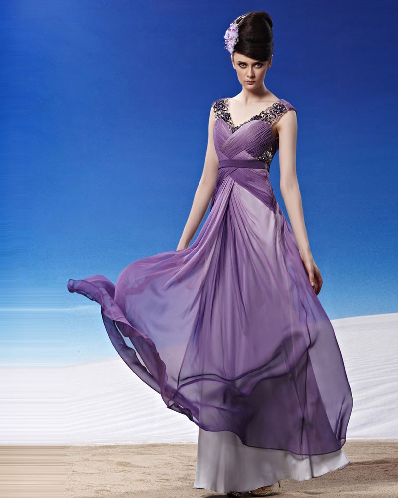 V Neck Beading Pleated Floor Length Tencel Woman Evening Dress