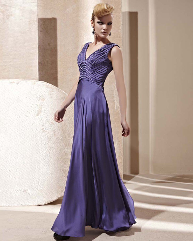 V Neck Beading Ruffle Sleeveless Floor Length Backless Charmeuse Woman Evening Dress