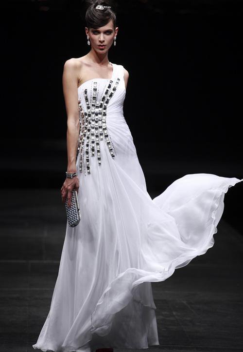 Empire One Shoulder Sleeveless Floor Length Bead Chiffon Satin Evening Dresses