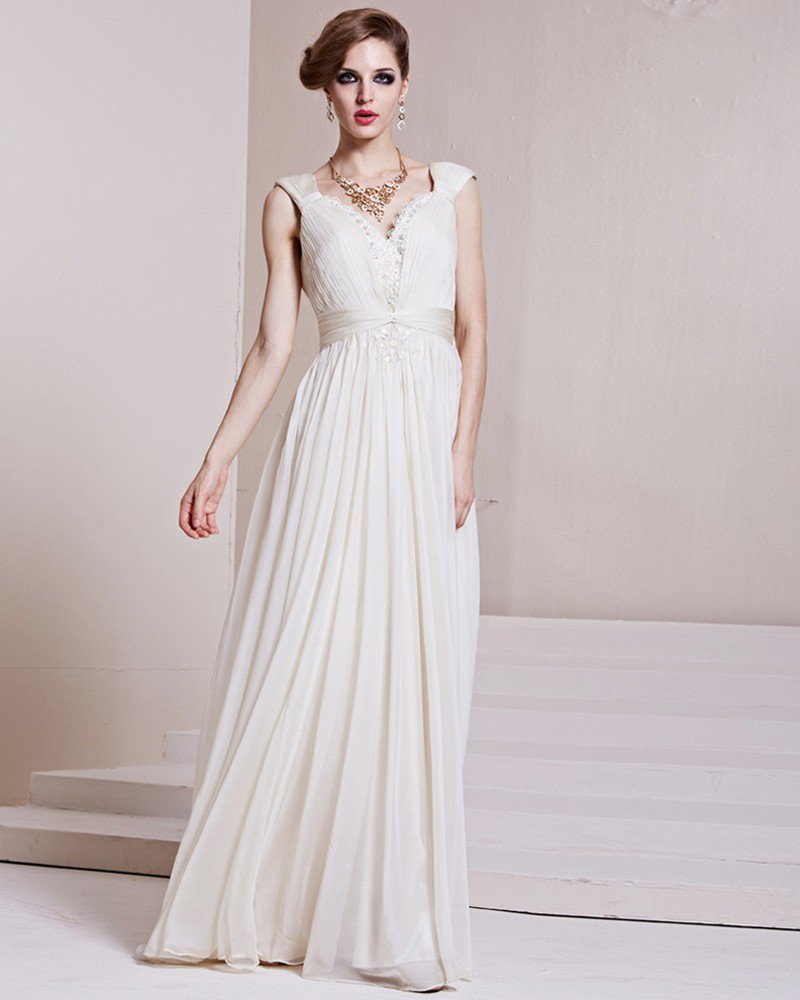 V Neck Sleeveless Floor Length Beading Pleated Satin Woman Evening Dress
