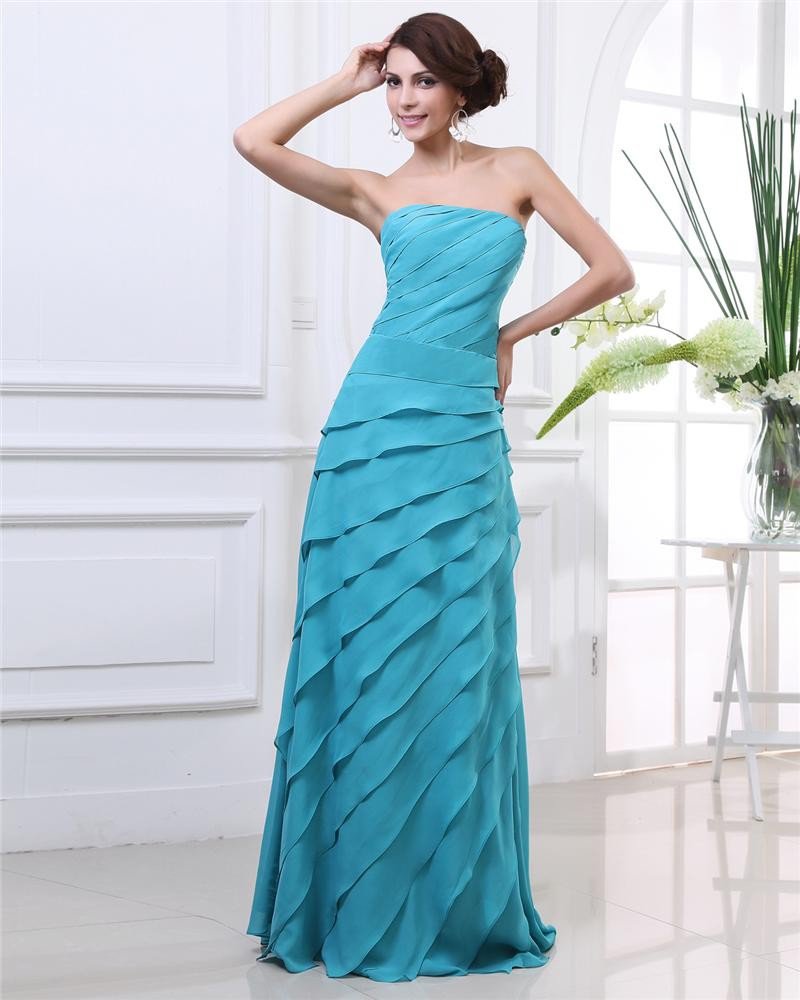 Strapless Ruffles Floor Length Pleated Chiffon Women Evening Dress