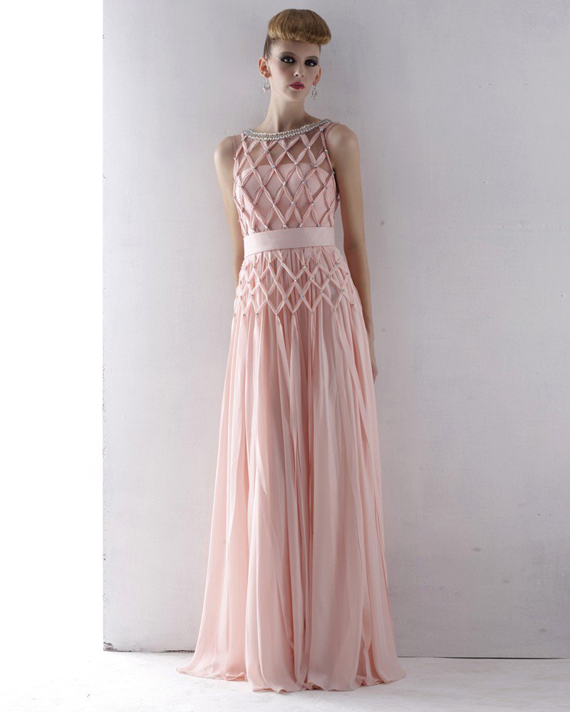 Cloth Tulle Charmeuse Jewel Neckline Bead Floor Length Evening Dress