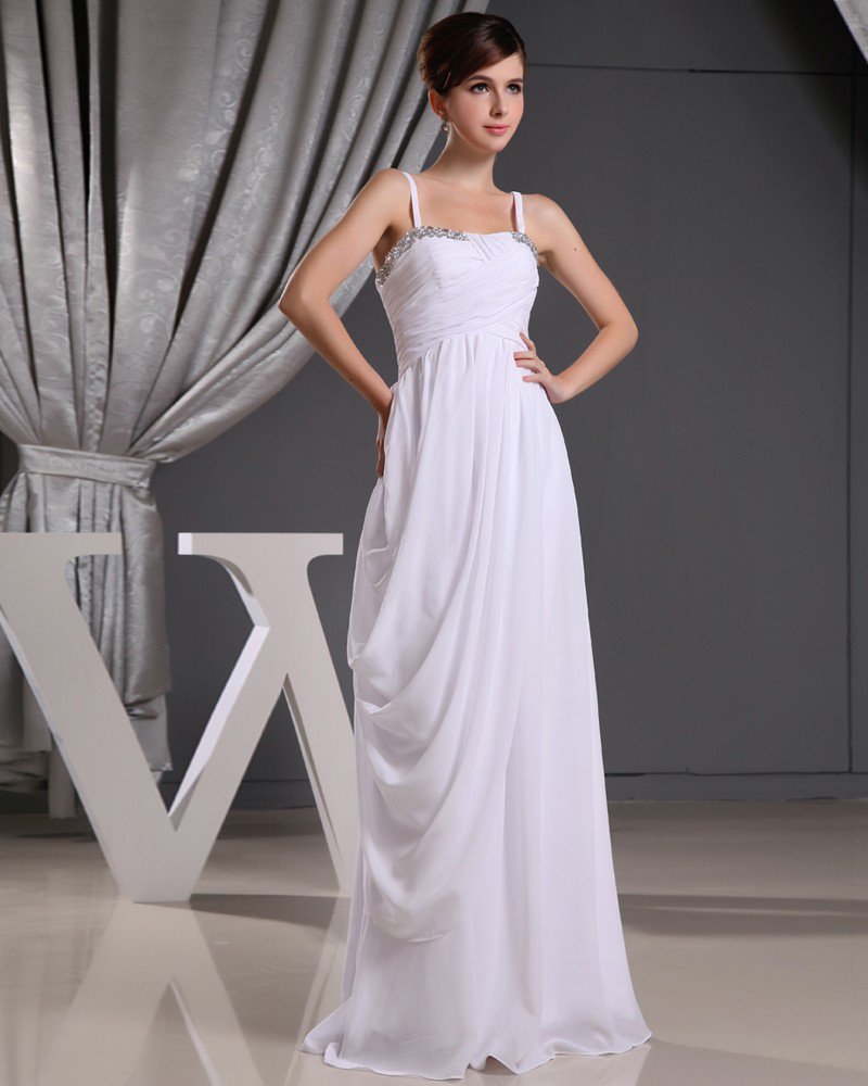 Fashion Chiffon Charmeuse Silk Beaded Pleated Spaghetti Straps Floor Length Sleeveless Women Evening