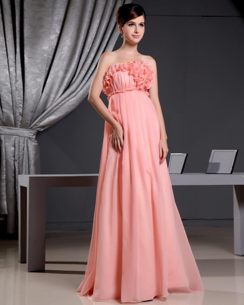 Chiffon Elastic Silk Like Satin Silk Strapless Flower Sleeveless Backless Floor Length Pleated Celeb
