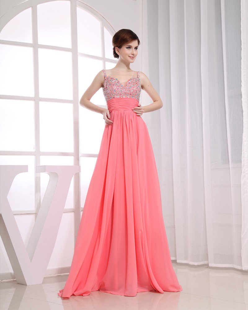 Sweetheart Neckline Floor Length Sleeveless Beading Pleated Chiffon Empire Woman Evening Dress